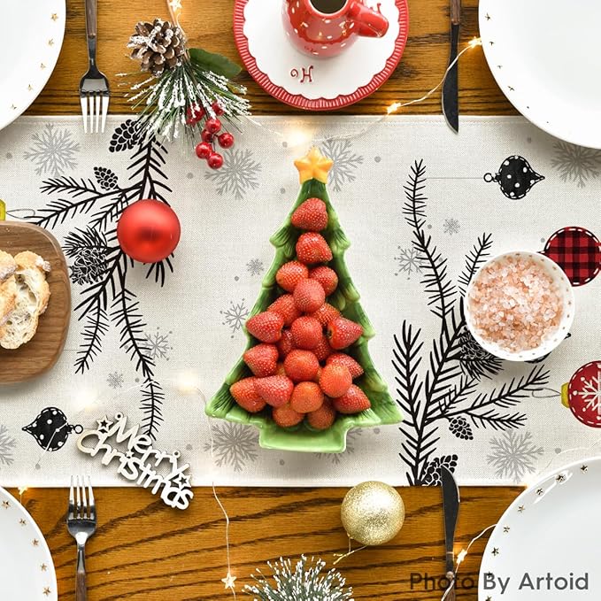 Artoid Mode Grey Pine Trees Snowflake Merry Christmas Table Runner, Winter Xmas Holiday Kitchen Dining Table Decoration for Home Party Decor 13x72 Inch