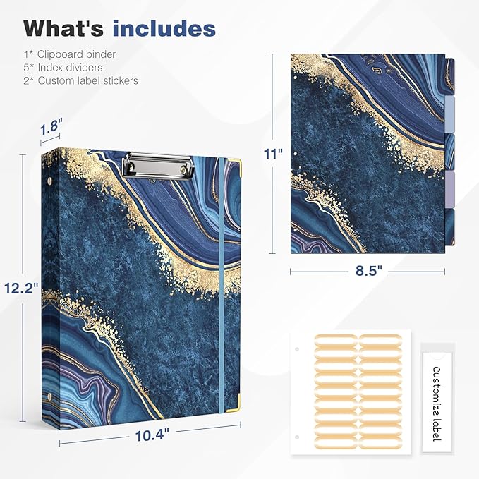 Ospelelf 3 Ring Binder, 1 Inch, Cute Letter Size (11" x 8.5") with 5 Tab Dividers, File Folder Labels and Low Profile Clipboards, Blue Marble