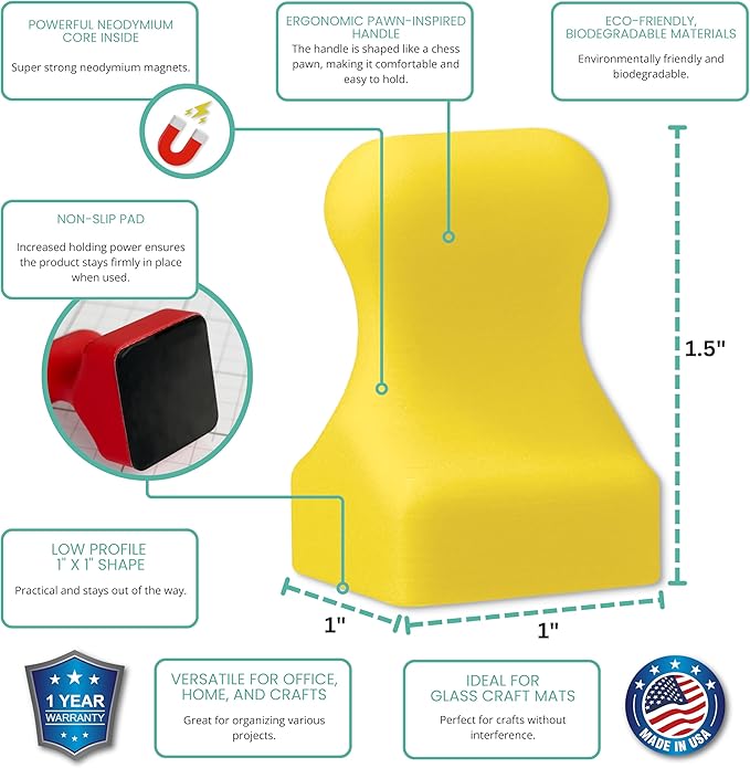 Glassboard Studio MiniPawn Magnet - Strong Neodymium Rare Earth Magnets for Fridge, Whiteboard, Locker & Magnetic Glassboards - Crafting & Office Use - Strong Fridge Magnets (Sunshine Yellow, 4)