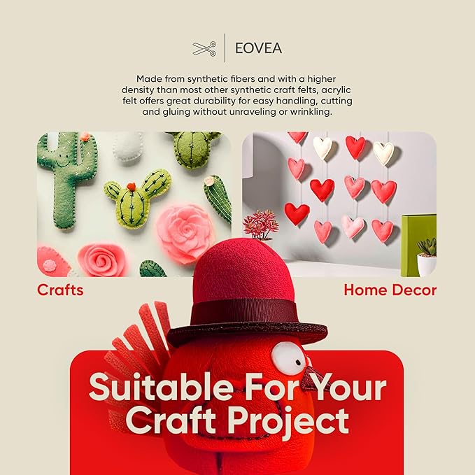 EOVEA | Acrylic Felt Fabric by The Yard - Non-Stiff, Soft Material - 72" Wide - 1.6mm Thick Felt Sheets for DIY Crafts, Sewing, Upholstery, Cushion, Padding(Red, 2 Yard)