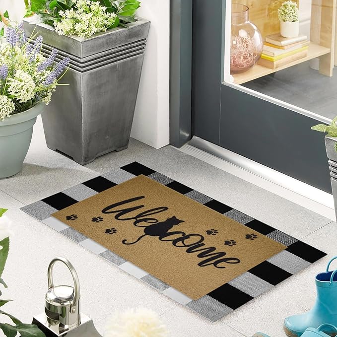 2 Pcs Halloween Welcome Door Mat 30 x 17 Inch Black Cat Coir Doormats for Front Door Cat Paw Door Mat Non Slip 2-in-1 Buffalo Plaid Rug for Outside Entrance Porch Home Patio Decor
