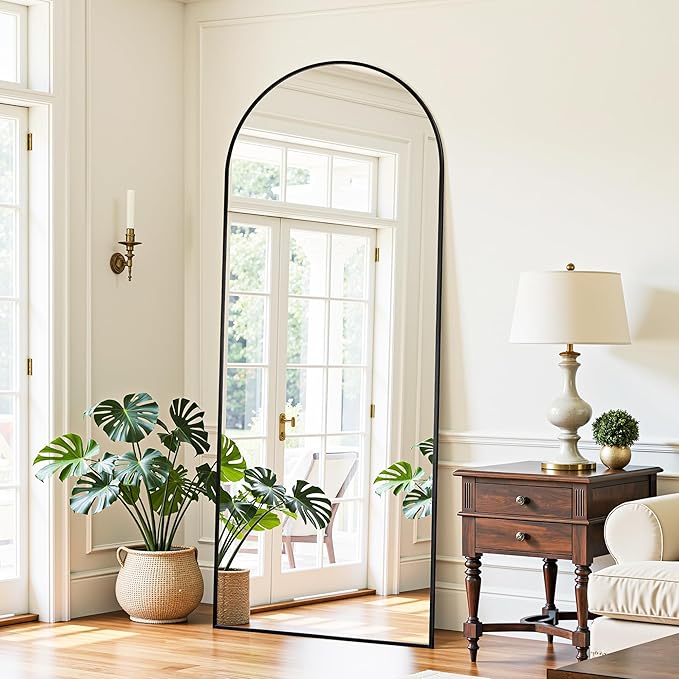 Full Length Mirror, 58"x18" Oversized Floor Mirrors Freestanding, Full Body Mirror Floor Standing Mirrors with Stand, Hanging Mounted Mirrors for Bedroom Living Room, Black, Arched Style
