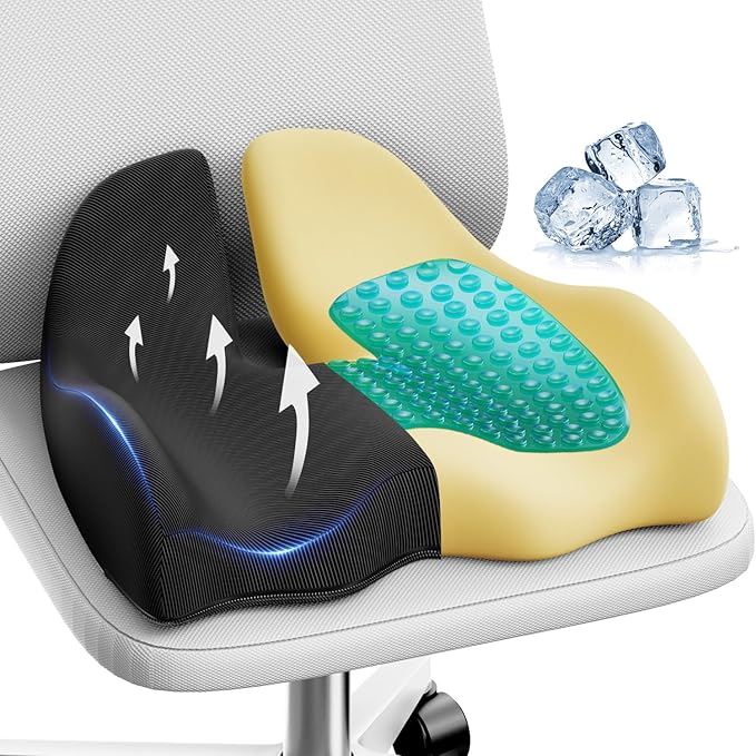 Benazcap Gel Seat Cushion for Office Chair Ergonomic Cushions-Gel & Memory Foam Coccyx Butt Pillow for Sciatica & Back Pain Relief for Long Sitting for Gaming Chair and Car Seat-Black