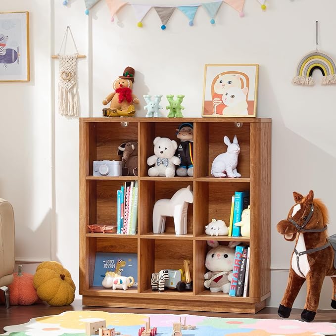 9 Cube Storage Book Shelf, 41" Tall Organizer Bookshelf with Curved Edge, Wood Floor Standing 3-Tier Cubby Bookcase with Base, Country Rustic Display Book Case for Library, Office, Brown