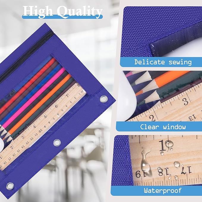 YoeeJob 36 Pack Zipper Pencil Pouch for 3 Ring Binder with Clear Window for School and Office Supplies (Blue)