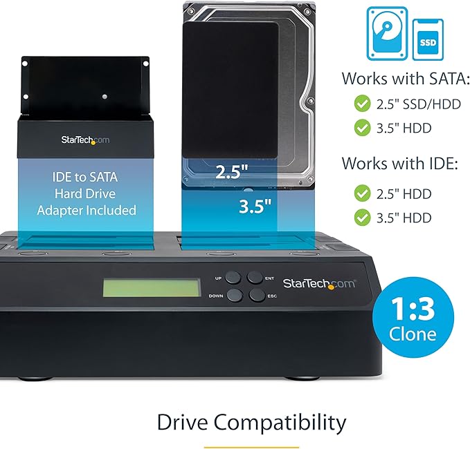 StarTech.com 4-Bay Hard Drive Duplicator and Eraser, External Standalone 1:3 HDD/SSD Cloner/Copier, USB 3.0 / eSATA to SATA Docking Station, Hard Disk Copier / Sanitizer / Wiper Tool (SATDOCK4U3RE)