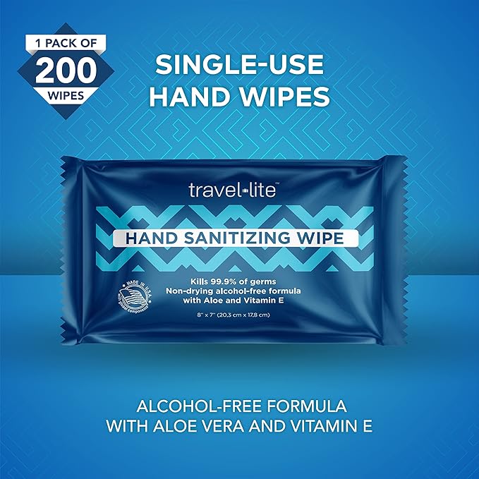 Travel Lite Alcohol-Free Hand Wipes with Aloe Vera and Vitamin E, Fresh Scent 50ct Individually Wrapped Travel Essentials Wipes for Adults and Kids