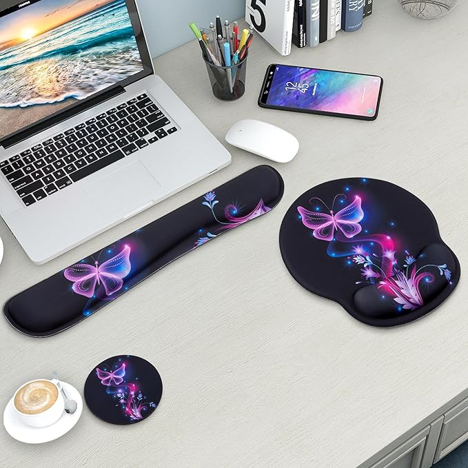 Mouse Pad and Keyboard Wrist Rest Support, with Non-Slip PU Base,Gel Mouse Pad with Coaster,Pain Relief for Gaming, Computer,Office -Vector Butterflies