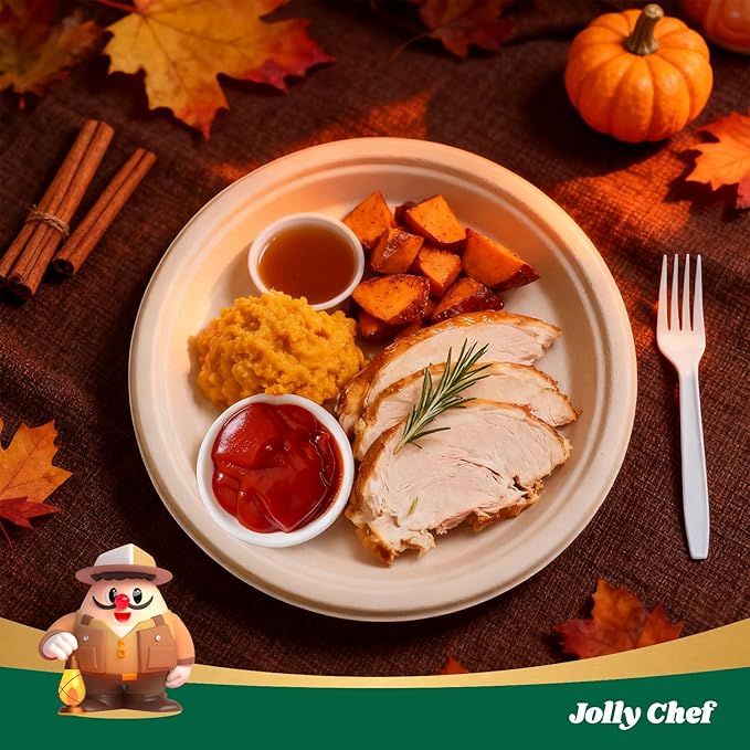 JOLLY CHEF Compostable Heavy Duty Plates 𝟭𝟬 𝗜𝗻𝗰𝗵 [𝟯𝟬𝟬 𝗣𝗮𝗰𝗸] Eco-Friendly Disposable Paper Plates Made of Bagasse Biodegradable Bulk for Party Dinner Sugarcane Thanksgiving Day (Natural)