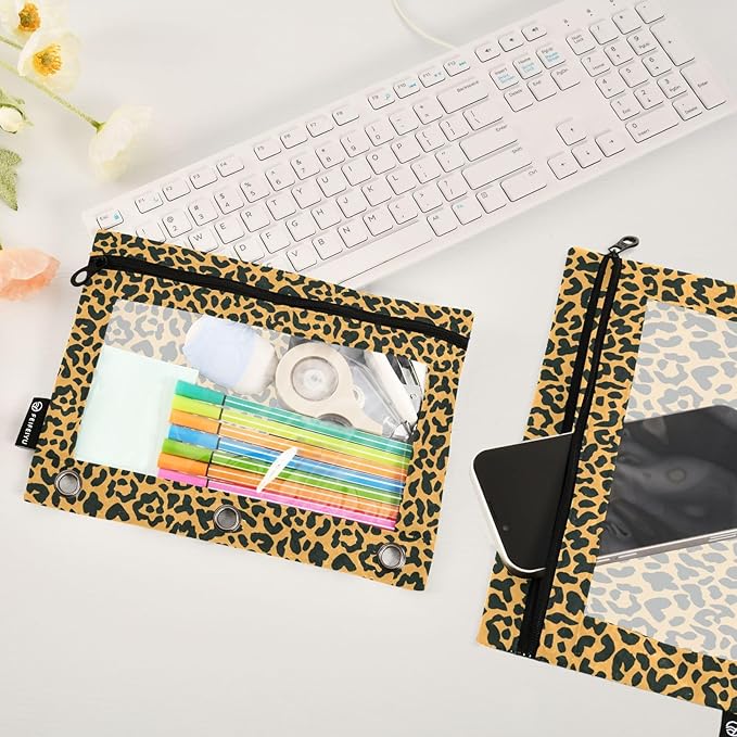 ALAZA Pencil Pouch for 3 Ring Binder, Animal Leopard Print Cheetah Binder Pencil Pouches with Clear Window Zipper Pencil Case Cosmetic Bags for Office College Supplies, 2PCS