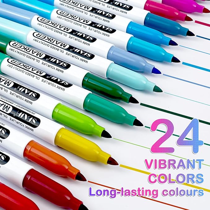 SFAIH 24 Colors Permanent Markers - Assorted Vibrant Colors, Quick Drying, Fade Resistant, Alcohol-Based Fine Point Permanent Markers for Paper, Plastic, Wood, Coloring, Drawing Doodling, Waterproof