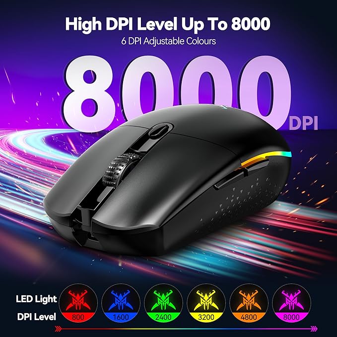TECKNET Wireless Gaming Mouse Rechargeable - 8000 DPI, Long-Lasting 100Hrs Battery, RGB Backlit, 6 Programmable Buttons, Dual Connectivity (2.4G + USB-C) for PC, Mac, Laptop - Black