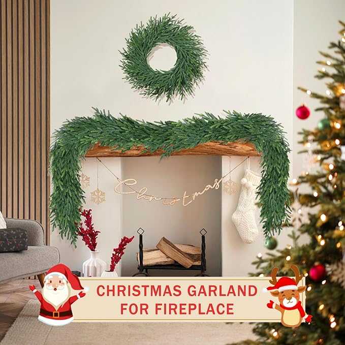 16 Ft Christmas Cedar Garland for Staircase Railing Real Touch Soft Bendable Faux Winter Xmas Greenery Pine Garlands Mantle Garland for Decoration for Window Fireplace Door Railing Wall Home Decor