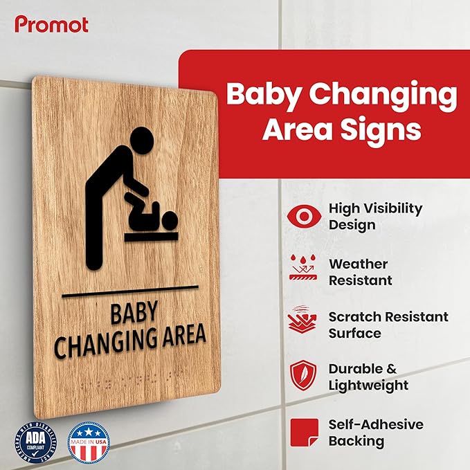 Promot Baby Changing Area Restroom Sign – ADA Braille Bathroom Sign for Business, Self-Adhesive, 9" x 6", Commercial Door Signage, Office Wall Decor - Oak