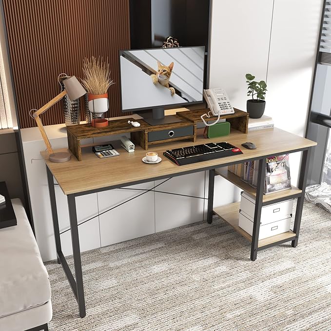 WESTREE Dual Monitor Stand Riser with Drawer, 3 Shelf Computer Monitor Riser with Adjustable Length and Angle, Desktop Monitor Stand Riser Storage Organizer for 2 Monitors