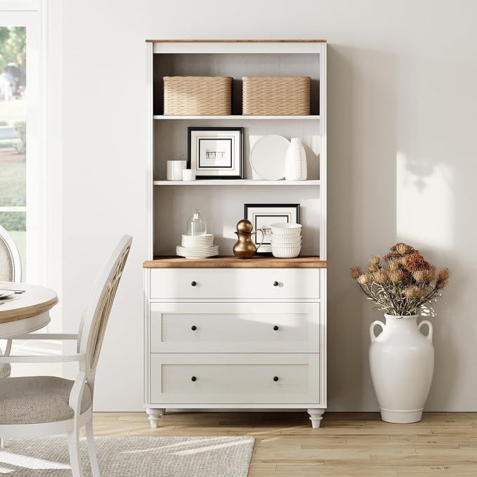 WAMPAT 72" Tall Bookcase Large Display Book Case Shelf with 3-Tier Open Book Shelfs, 3 Tier Farmhouse Bookshelf with 3 Drawers, Library Wood Bookshelves for Living Room or Study Room or Bedroom, White