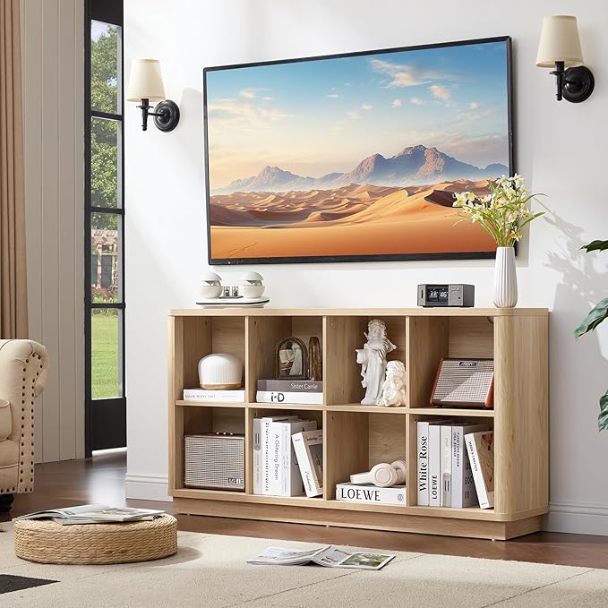 8 Cube Storage Book Shelf, 52" Long Horizontal Bookshelf with Curved Edge, Floor Standing Wooden Cubby Bookcase with Base, Modern Low Console Book Case, TV Stand for Living Room, Natural Oak