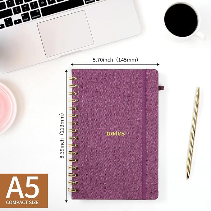A5 Spiral Notebook – Hardcover Journal 160 Lined Pages 100 GSM Thick Paper With Elastic Band & Pen Holder College Ruled Writing Notebooks for Work School Travel purplish-red