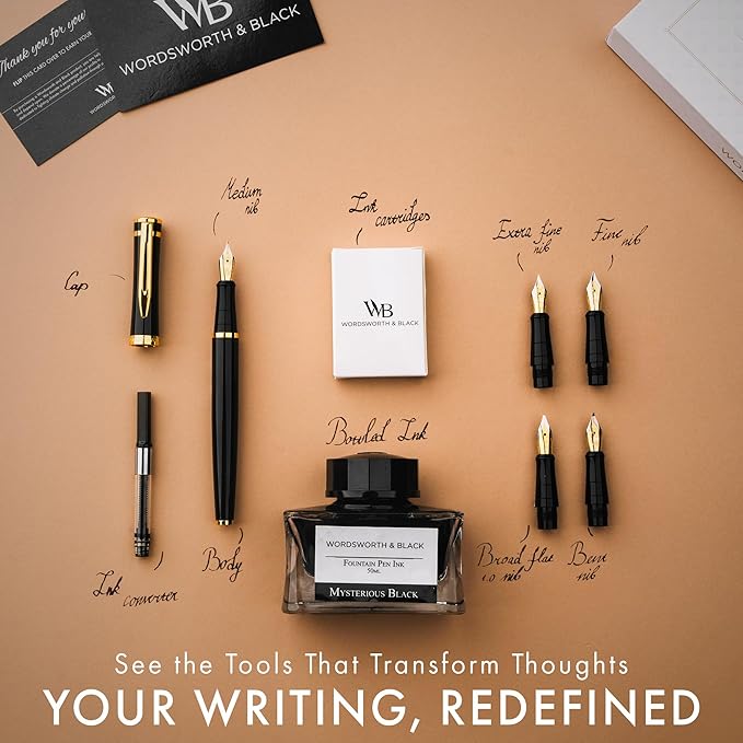 Wordsworth & Black Fountain Pen Gift Set, Includes Bottle, 6 Cartridges, Refill Converter, 4 Replacement Nibs, Premium Package, Journaling, Calligraphy, Smooth Writing Pens [Black Gold]
