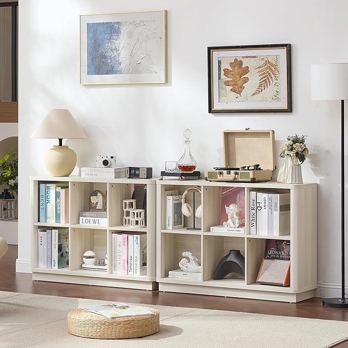 6 Cube Bookcase, 40" Wide Low Horizontal Book Shelf w/Curved Edge, Wood Floor Standing 2-Tier Bookshelf with Base, Modern Short Storage Cabinet Book Case for Bedroom, Office, White Cream Oak