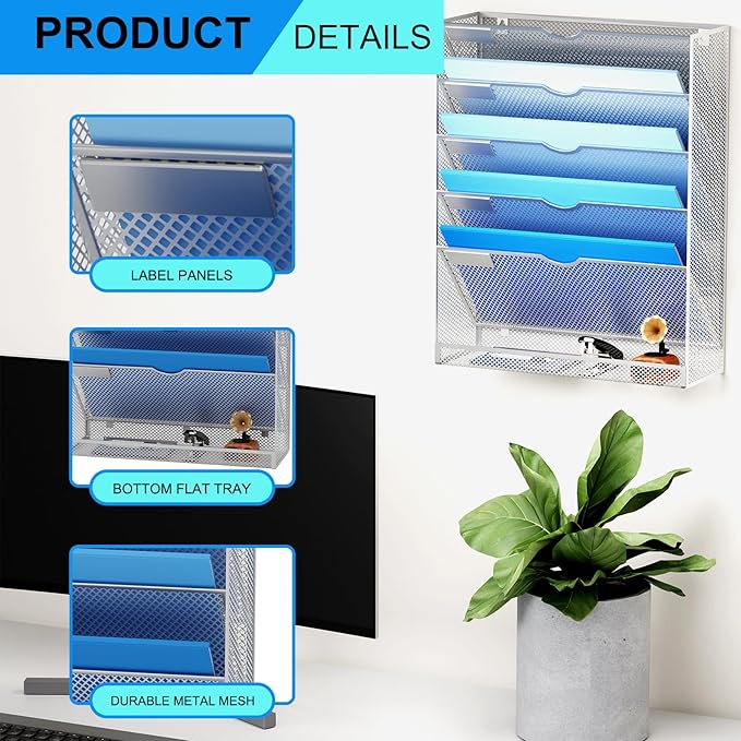 Hanging Wall File Organizer 6 Tier Wall Mounted File Holder Document Wall Organizer Magazine Organization for Office Home, Silver