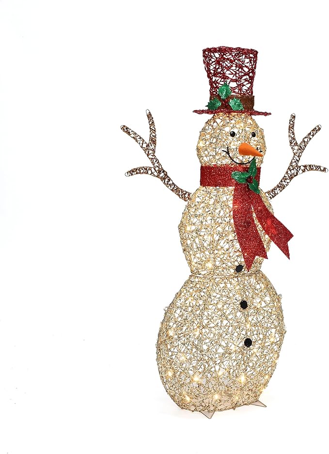 LuxenHome 4FT Lighted Snowman Outdoor Christmas Decorations, Gold Light Up Snowman Christmas Decor with 70 LED Light, Red Scarf & Hat, Xmas Decorations Outdoor, Indoor for Porch, Lawn Holiday Display