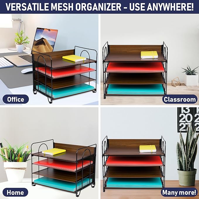 4-Tier Office Organizer, Desk File Organizer with Wood Patterned Shelves, Office Supplies Desktop Organization for Storage of Paper, Bills, Letters, Multi-Functional Desk Organization and Accessories