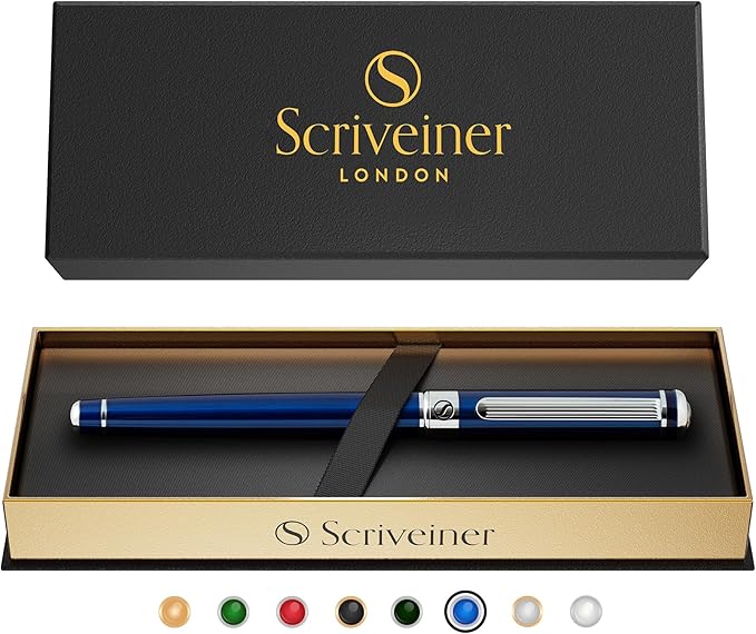 Scriveiner Midnight Blue Rollerball Pen - Stunning Blue Lacquer Luxury Pen, Chrome Finish, Schmidt Ink Refills, Men & Women, Professional, Executive Office, Nice Pen