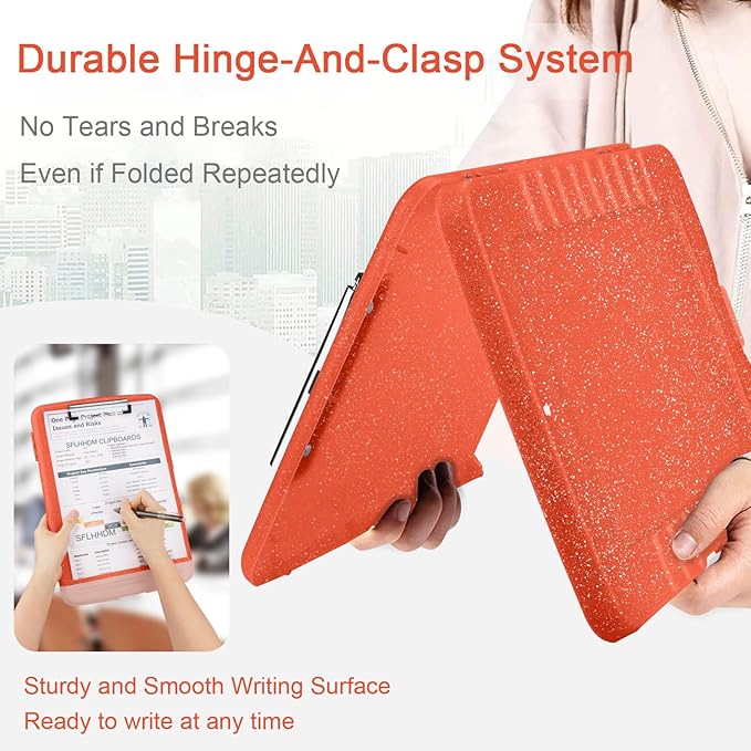 Glitter Clipboard with Storage,Storage Clipboard with Pen Holder,A4 Binder Clip Boards 8.5x11 with Low Profile Clip,Side Opening Sparkle Clipboards, Clipboards Folder for Office Supplies-Orange