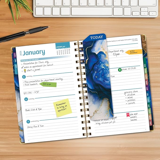 HARDCOVER 2026 Planner, 5.5"x8": 14 Months (November 2025 - December 2026), Daily Weekly Monthly Planner, Yearly Agenda, Bookmark, Pocket Folder and Sticky Note Set (Dark Blue Marble)