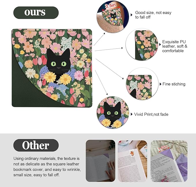 4PC Black Cat Floral Corner Bookmarks, Funny Cute Leather Book Accessories for Book Lovers Gifts, Reading Book Page Markers for Women Men Girls Boys Kids Student Teacher Office Stationery