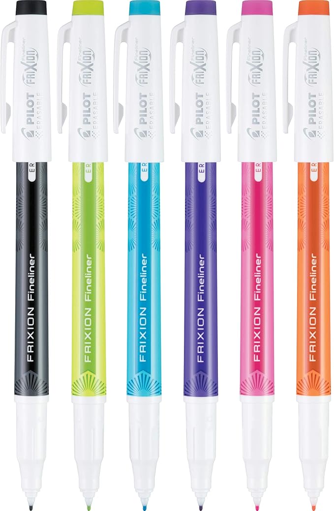 Pilot, FriXion Fineliner Erasable Marker Pens, Fine Point 0.7 mm, Pack of 6, Assorted Colors