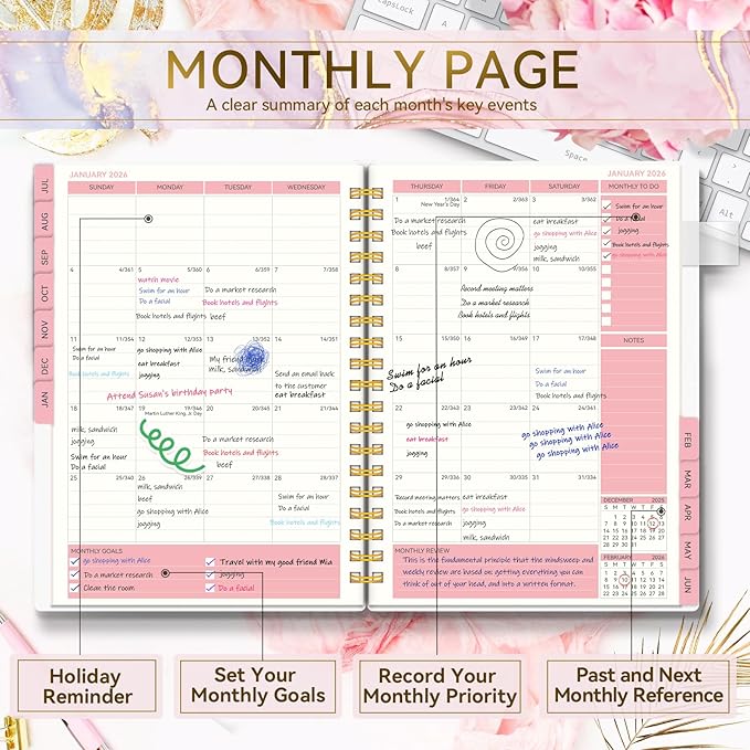 Academic Planner 2025-2026, Weekly and Monthly Planners for Women, Jul.2025 - Jun.2026, AIMPEAK Daily Calendar Planner for Teacher & Student, Monthly Tabs, Pink Marble, 7"x10"