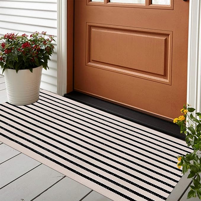 Collive Black and White Outdoor Rug Christmas Door Mat 24"x 51", Cotton Woven Striped Welcome Doormat, Washable Front Porch Decor for Farmhouse Front Door Layered Entryway Christmas Decorations