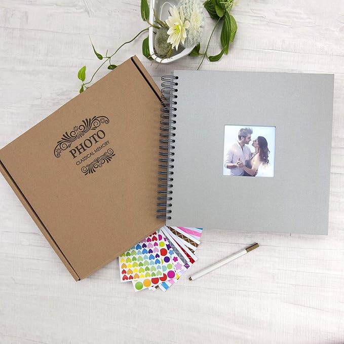 12 x 12 Inch Large DIY Scrapbook Photo Album with Window Design Cover 80 Pages Craft Paper Memory Book for Weeding Anniversary Travel and Baby (Gray)