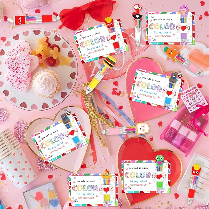 CZWZ 30 Set Cute Multicolor Pens in One 4-in-1 Fun Pens Bulk with 30 Valentines Day Cards for Valentine's Day Party Student Colleagues Greeting Exchange Gift Office School