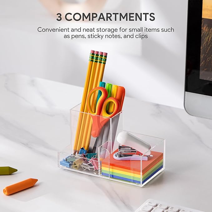 HBlife Acrylic Pen Holder Desk Organizer, 3-Compartment Pencil Holder for Desk, Clear Office Supplies Desk Accessories with Sticky Notes Holder Workspace Organizers for School, Home and Office