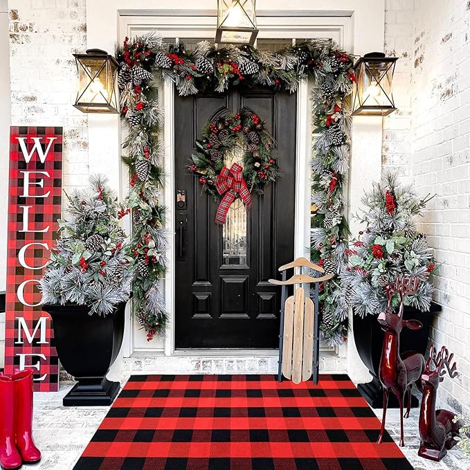 Red and Black Plaid Rug, 3'x5' Check Outdoor Front Door Decorative Mat, Cotton Woven Rug for Layered Door Mats Washable Carpet for Porch, Entryway, Farmhouse, Christmas, Halloween