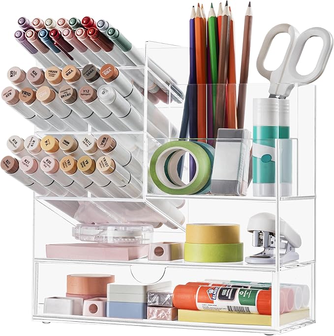 HBlife Acrylic Multi-Functional Pencil Organizer with Drawer, Large Clear Pen Holder for Desk, Desk Organizers and Accessories for Office Art Supplies, School and Home