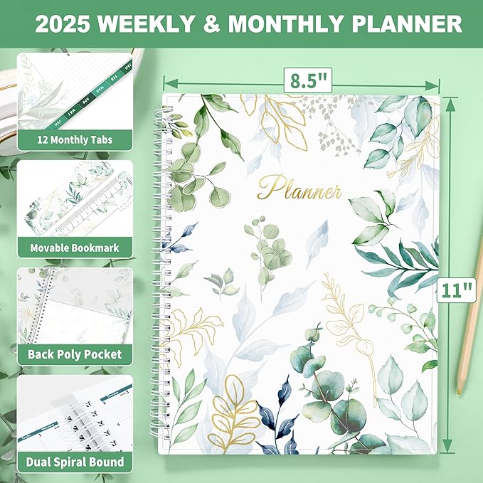 SUNEE 2026 Weekly and Monthly Planner - from January 2026 - December 2026, 8.5"x11" Daily Agenda Planner with Monthly Tab, Flexible Cover, Note Pages, Pockets, Bookmark, Spiral Binding, Eucalyptus