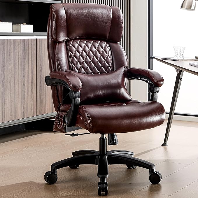 Lumbar Massage Office Chair, 500LBS Big and Tall Office Chair, Heavy Duty Ergonomic Executive Reclining Chair with High Back and Lumbar Support, Brown