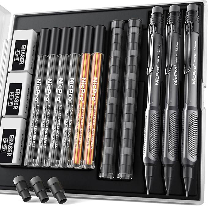 Nicpro 3 Pack Weatherproof Mechanical Pencil Set, 1.3mm Metal Mechanical Pencils, Heavy Duty Pencil for Outdoor All Weather Marking Drafting Drawing with 75 Lead Refills, Erasers, Case (Black, HD1000)