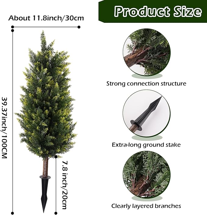 40inch Artificial Cedar Christmas Trees, 2 Sets Faux Cypress Topiary with Spikes, Weatherproof UV Resistant Fake Shrubs Cypress for Outdoor Front Porch Planters, Topiary Bush Balls Decor