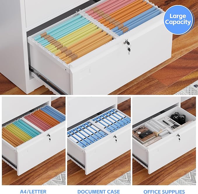 SUXXAN 3 Drawer File Cabinet, Lateral Filing Cabinet with 3 Locks for Home Office, Black File Cabinets with Business Card Holder for Letter/Legal/F4/A4 Hanging Files