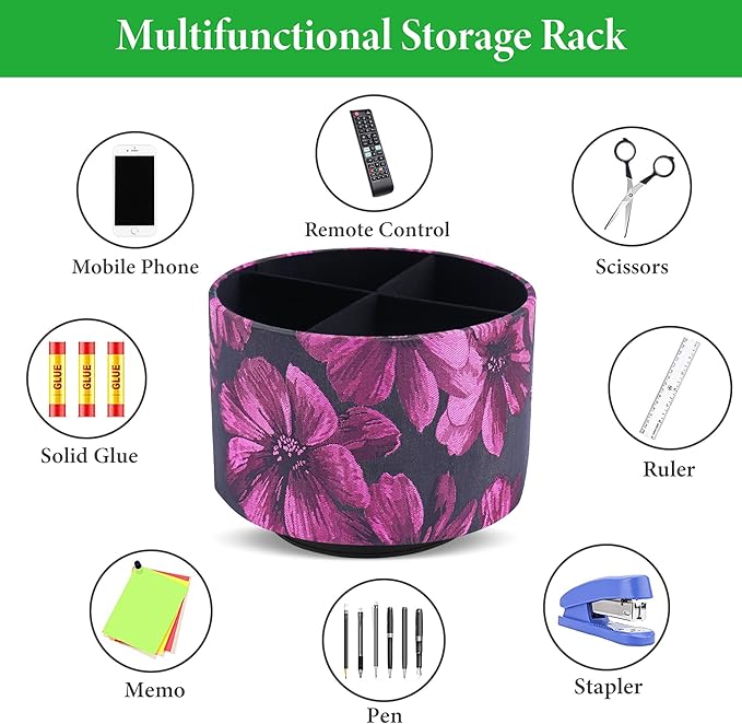 QIELIZI Round Leather Art Supply Organizer,Remote Control Holder,360 Degree Rotating,Multi-Functional Pencil Holder,4 Compartments Desktop Stationary Organizer(1-Dahlia Rose Red)