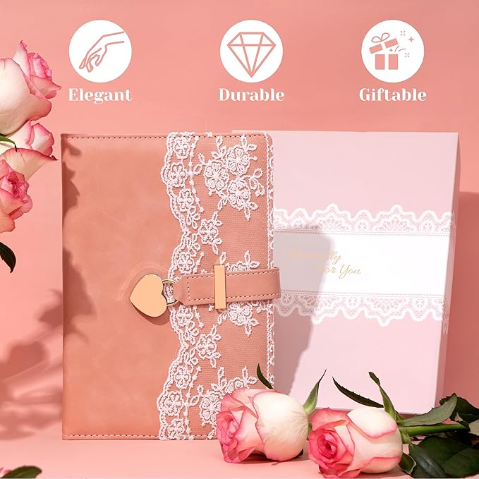 Lace Diary with Lock and Key for Women Girls 224 Pages Leather Password Journal with Lock A5 Locked Journals for Writing Note Taking, 5.6x 8.3, Pink