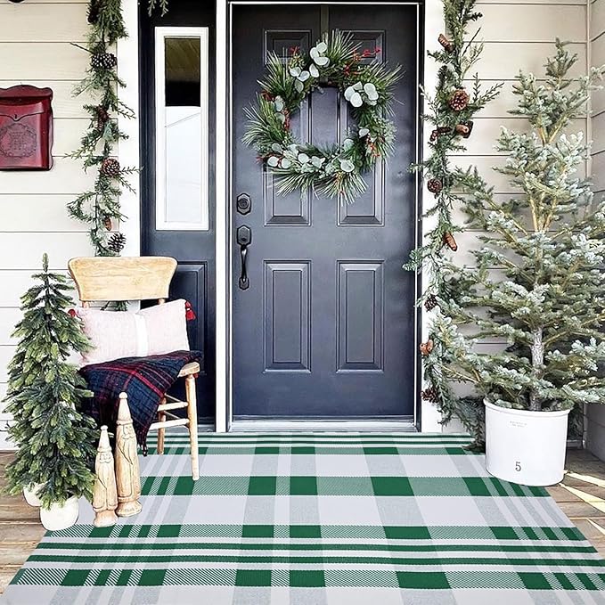 Christmas Plaid Outdoor Rug, 3' x 5' Green&White Checkered Indoor/Outdoor Area Rug, Layering Rug for Hello/Welcome Door Mat, Machine Washable Cotton Woven Rug for Farmhouse Front Porch, Entryway