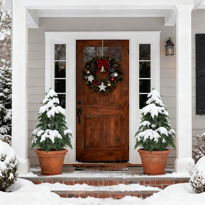 2Pack Artificial Topiary Trees, 3FT Faux Cypress, Faux Evergreen Pine Shrubs Plants with Pot, Potted Plants for Front Porch Indoor Outdoor Garden Christmas Decor