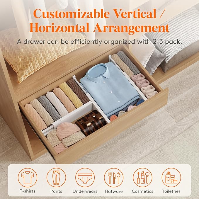 Lifewit 8 Pack Drawer Dividers Plastic 4" High, 13.5-22" Adjustable Drawer Organizers for Clothes, Expandable Dresser Separators in Bedroom/Bathroom/Kitchen/Fridge/Office Organization and Storage