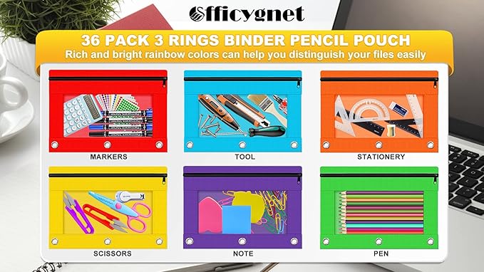 Officygnet 3 Ring Pencil Pouch, 36 Packs Bulk Zipper Pencil Case in 6 Colors, Pencil Pouches with Clear Window for Storing School Office Supplies, Cloth Pencil Bag for 3 Hole Binder
